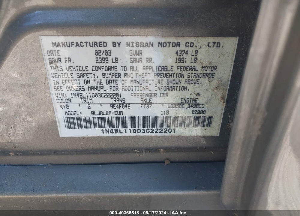 2003 NISSAN ALTIMA 3.5 SE VIN: 1N4BL11D03C222201