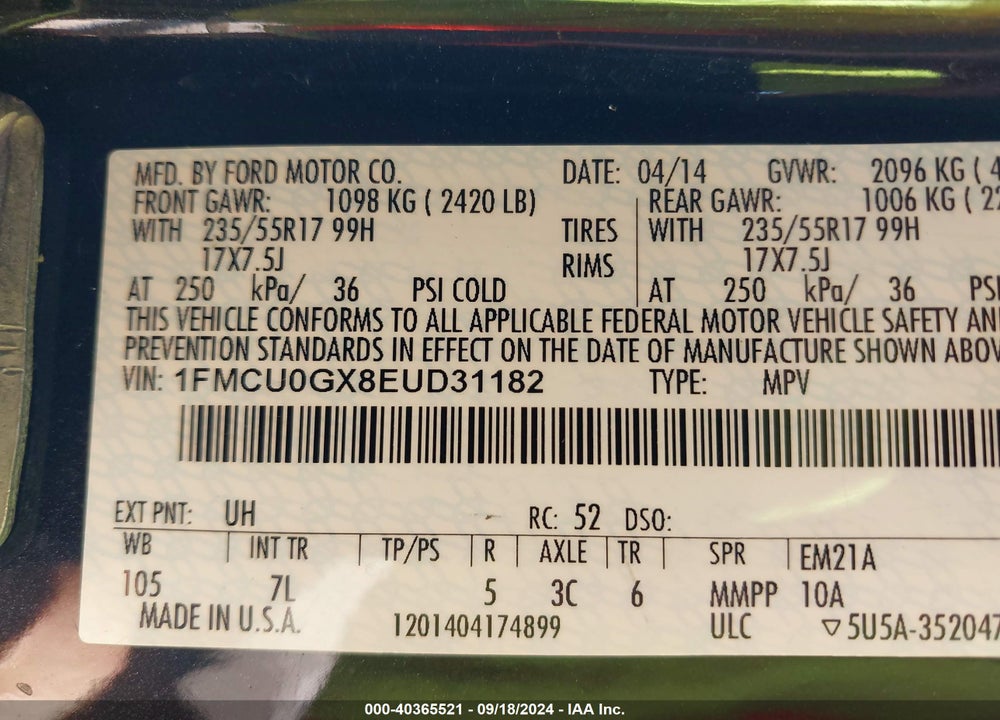 2014 FORD ESCAPE SE VIN: 1FMCU0GX8EUD31182