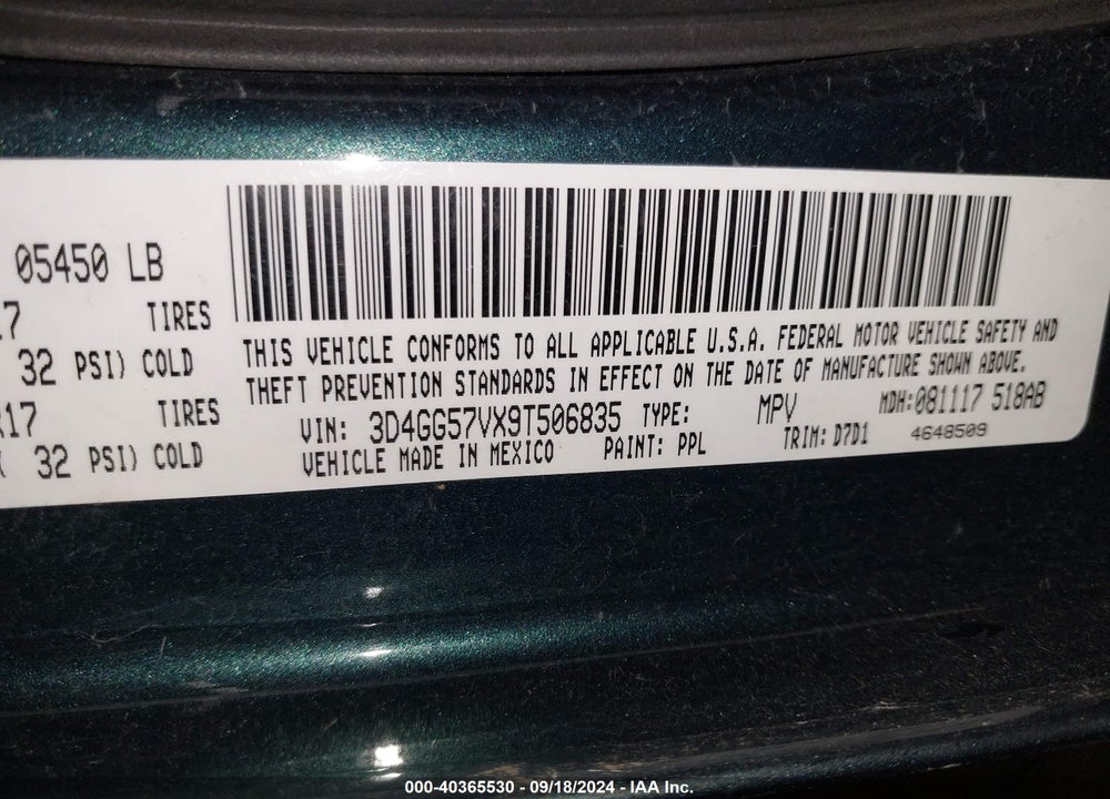 2009 DODGE JOURNEY SXT VIN: 3D4GG57VX9T506835