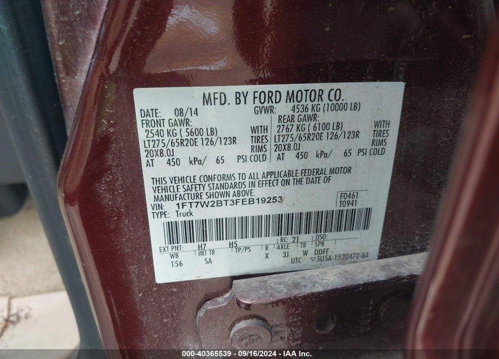 2015 FORD F-250 LARIAT VIN: 1FT7W2BT3FEB19253