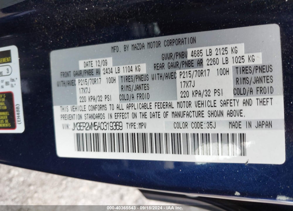 2010 MAZDA CX-7 I SPORT VIN: JM3ER2WM5A0319369