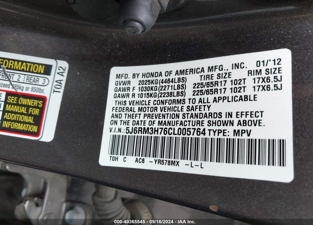 2012 HONDA CR-V EX-L VIN: 5J6RM3H76CL005764