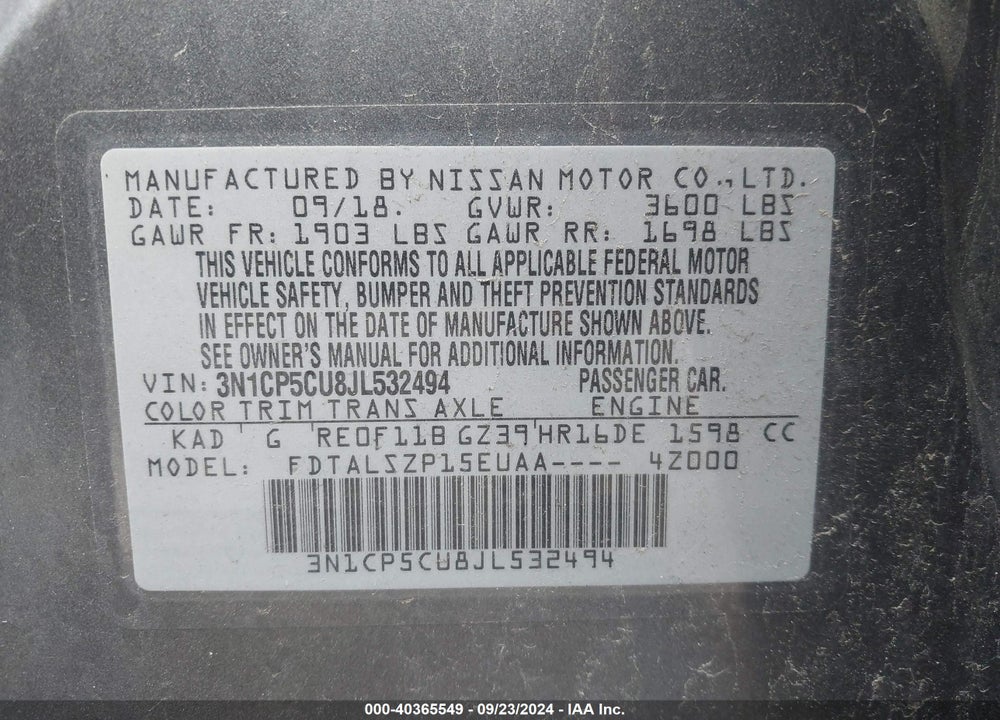 2018 NISSAN KICKS SV VIN: 3N1CP5CU8JL532494