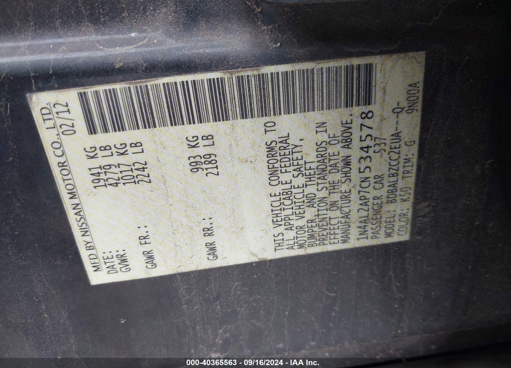 2012 NISSAN ALTIMA 2.5 S VIN: 1N4AL2AP7CN534578