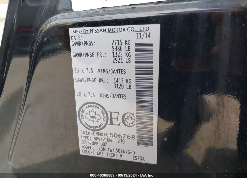 2015 INFINITI QX60 VIN: 5N1AL0MMXFC506768