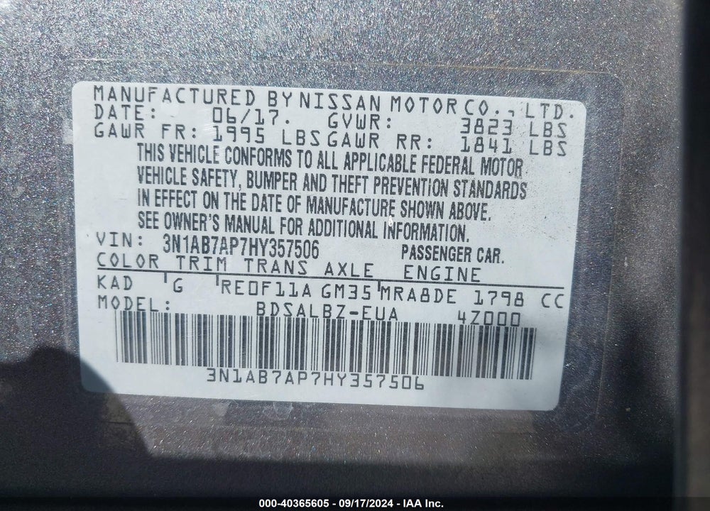 2017 NISSAN SENTRA S VIN: 3N1AB7AP7HY357506