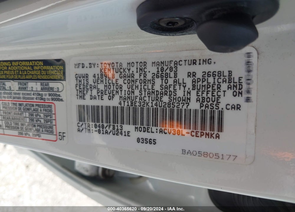 2004 TOYOTA CAMRY LE VIN: 4T1BE32K14U285277