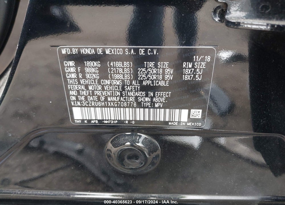 2019 HONDA HR-V SPORT VIN: 3CZRU6H1XKG708776