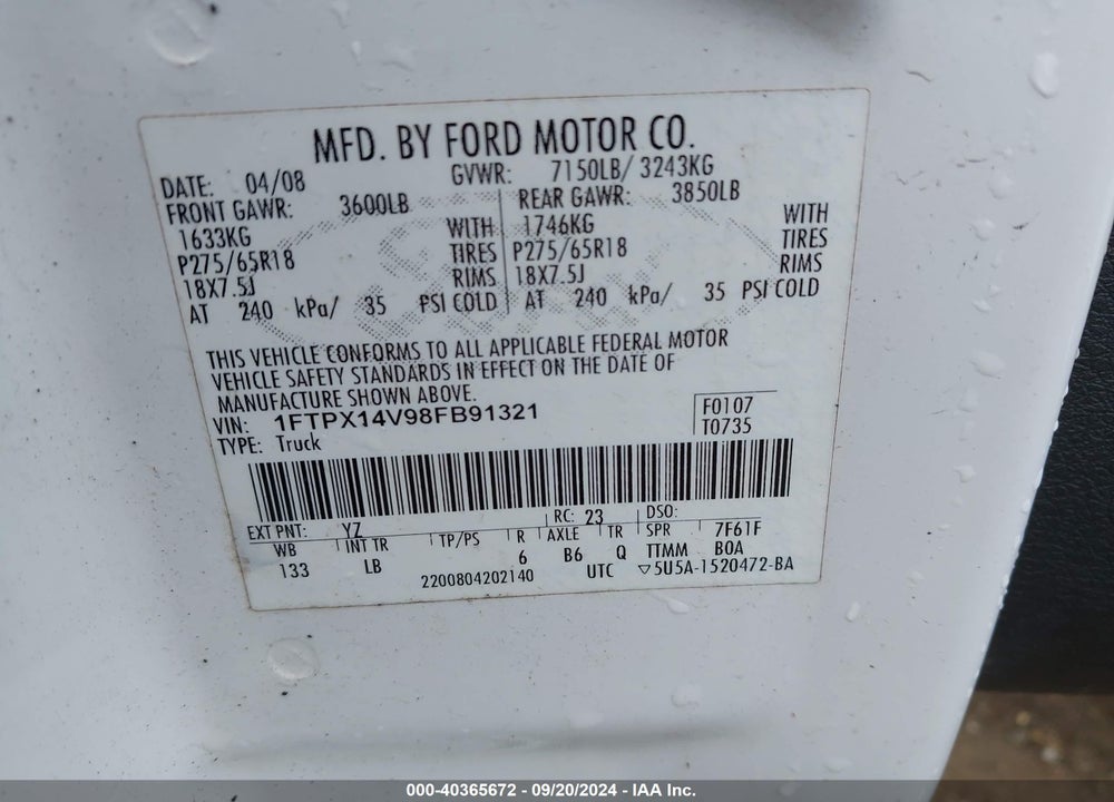 2008 FORD F-150 FX4/LARIAT/XL/XLT VIN: 1FTPX14V98FB91321