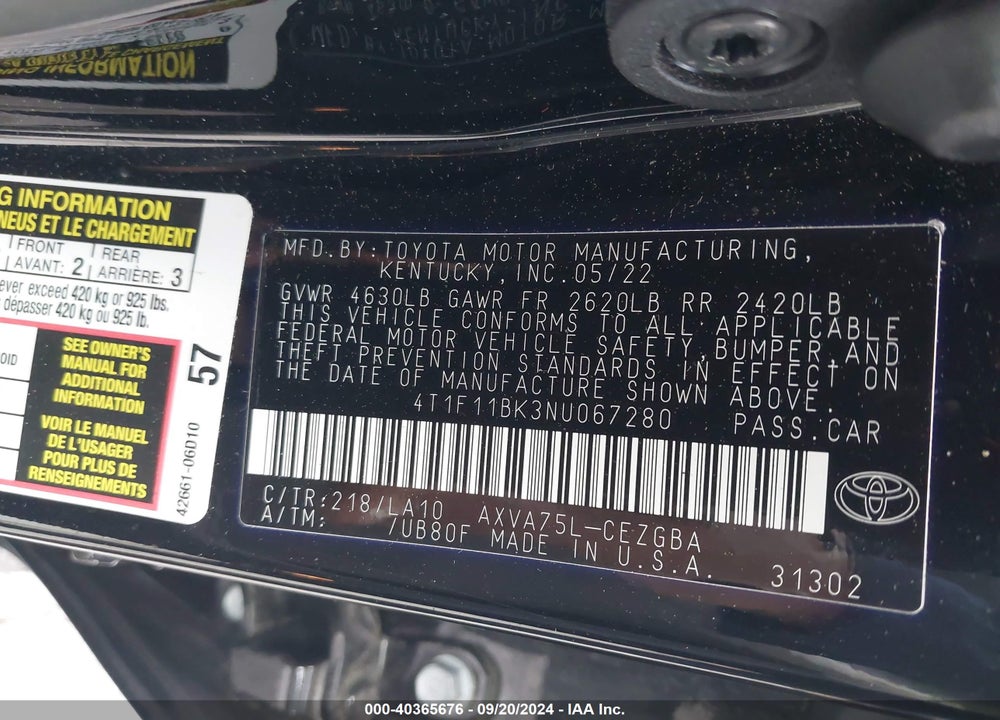 2022 TOYOTA CAMRY VIN: 4T1F11BK3NU067280