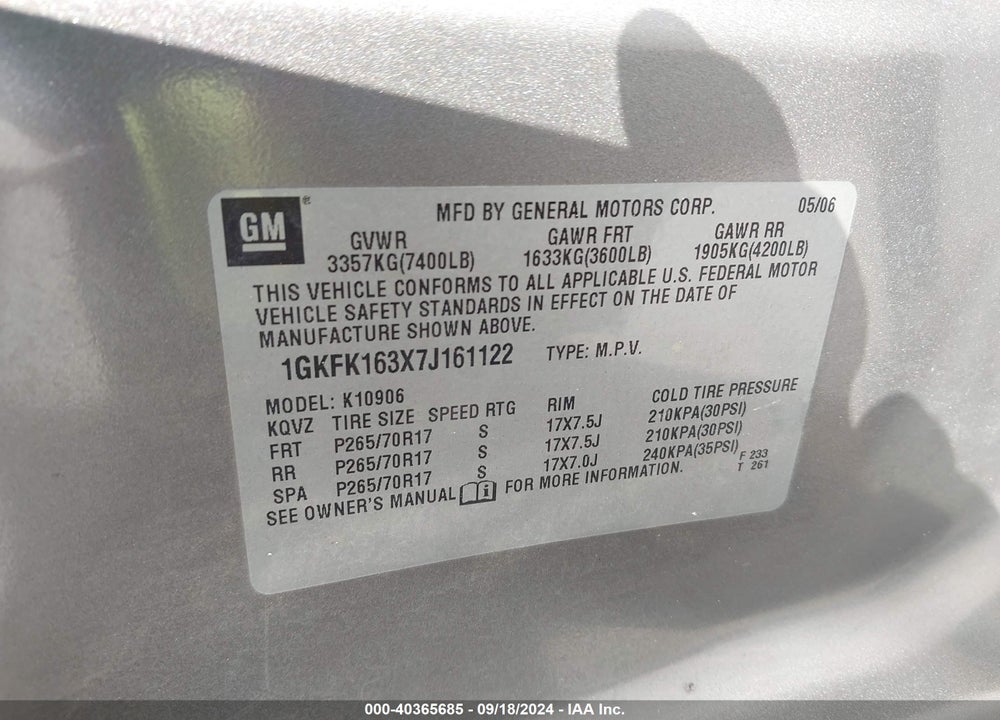 2007 GMC YUKON XL 1500 SLE VIN: 1GKFK163X7J161122