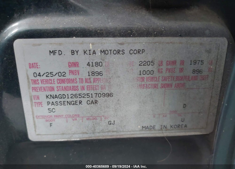 2002 KIA OPTIMA LX/SE VIN: KNAGD126525170996
