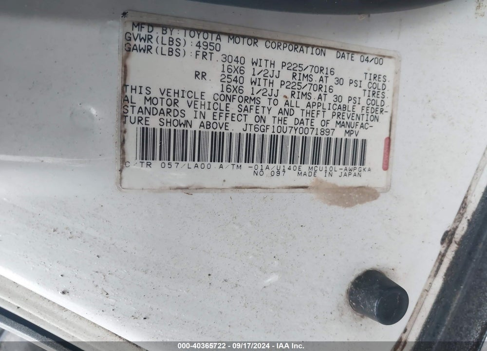 2000 LEXUS RX 300 VIN: JT6GF10U7Y0071897