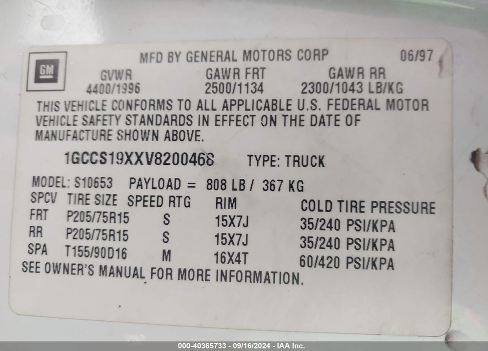 1997 CHEVROLET S-10 LS FLEETSIDE VIN: 1GCCS19XXV8200468