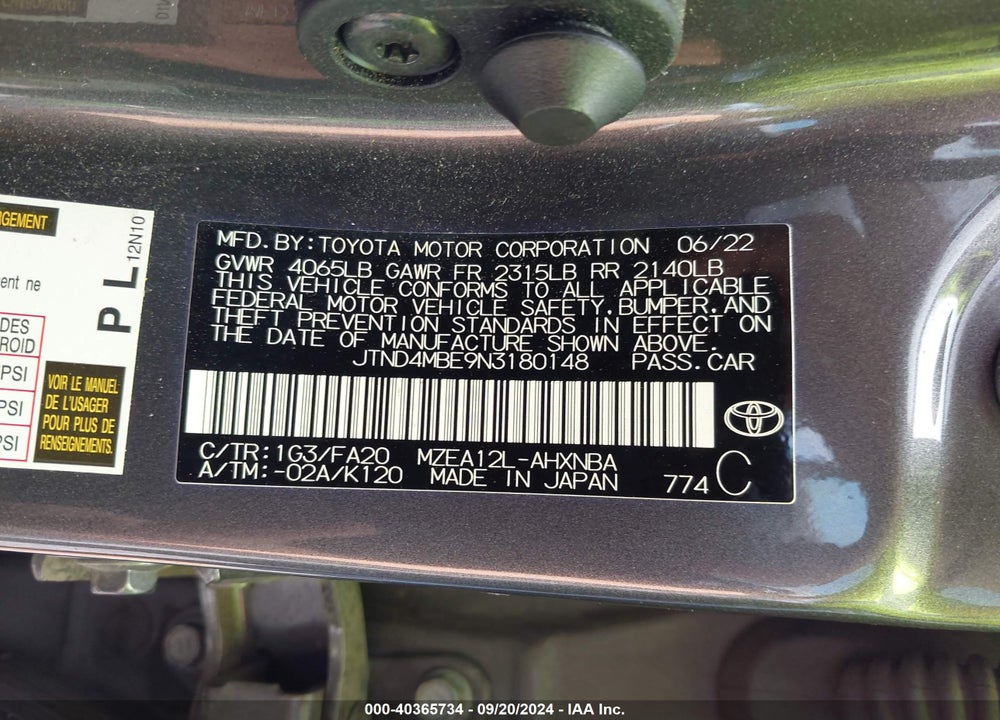 2022 TOYOTA COROLLA SE VIN: JTND4MBE9N3180148