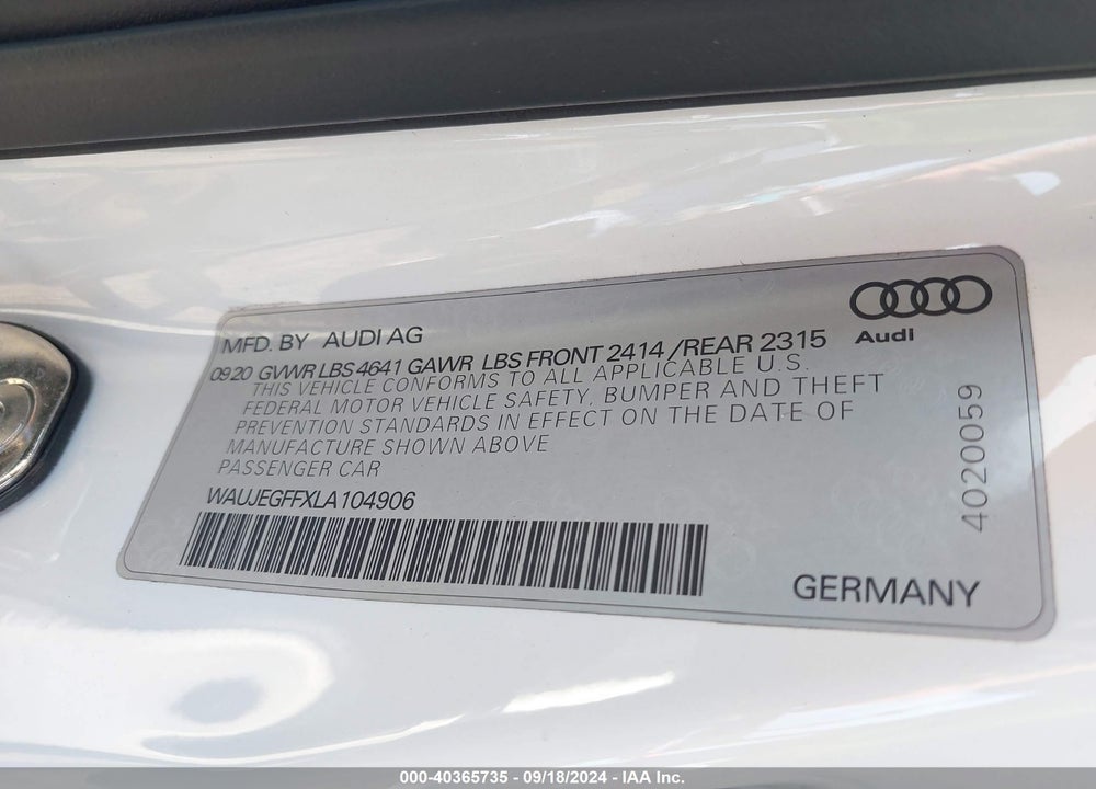 2020 AUDI A3 PREMIUM PLUS 45 TFSI S LINE QUATTRO S TRONIC VIN: WAUJEGFFXLA104906