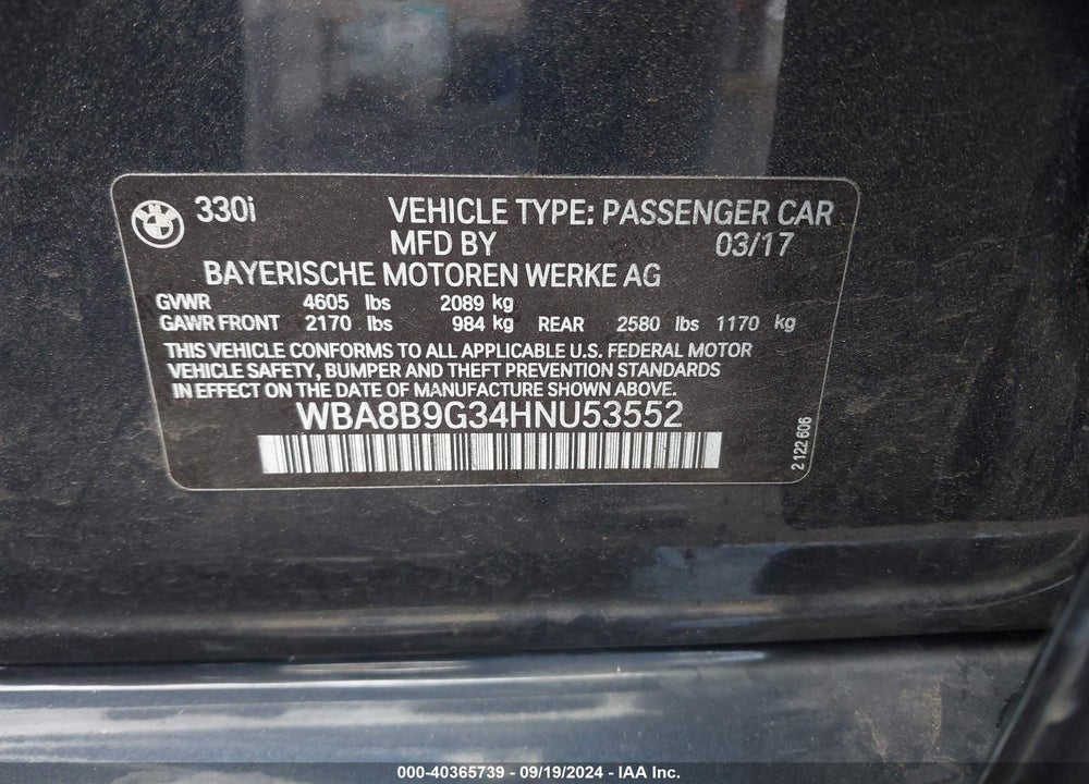2017 BMW 330I VIN: WBA8B9G34HNU53552