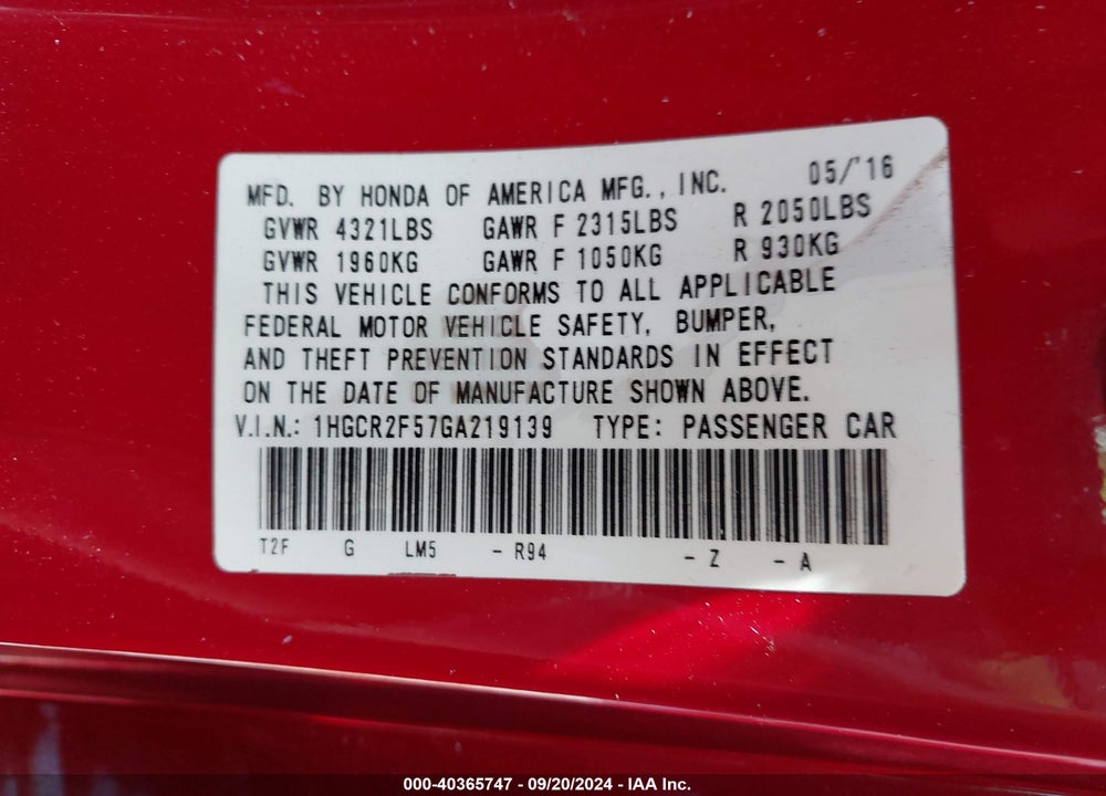 2016 HONDA ACCORD VIN: 1HGCR2F57GA219139