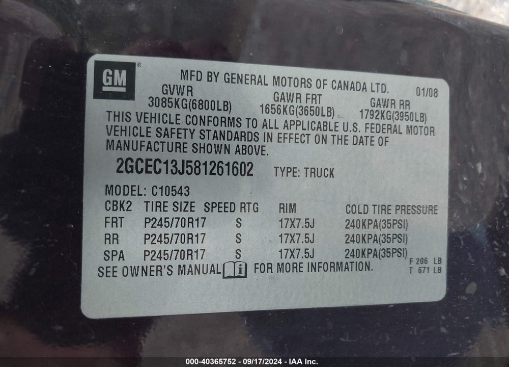 2008 CHEVROLET SILVERADO 1500 LT1 VIN: 2GCEC13J581261602