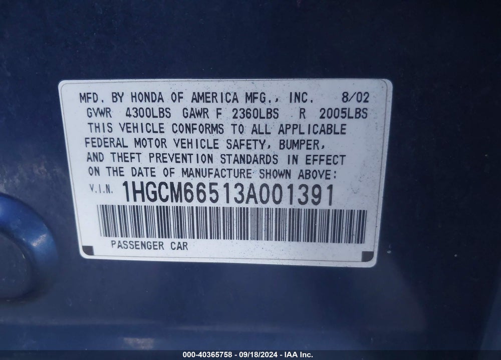 2003 HONDA ACCORD 3.0 EX VIN: 1HGCM66513A001391