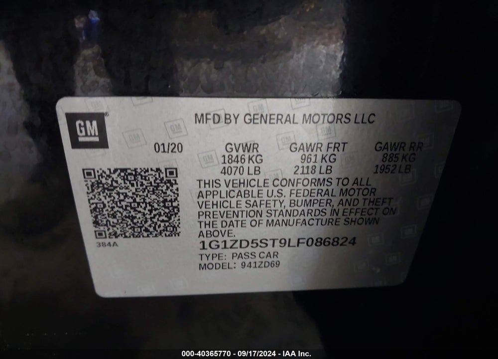 2020 CHEVROLET MALIBU FWD LT VIN: 1G1ZD5ST9LF086824