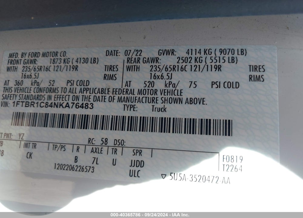 2022 FORD TRANSIT-250 VIN: 1FTBR1C84NKA76483