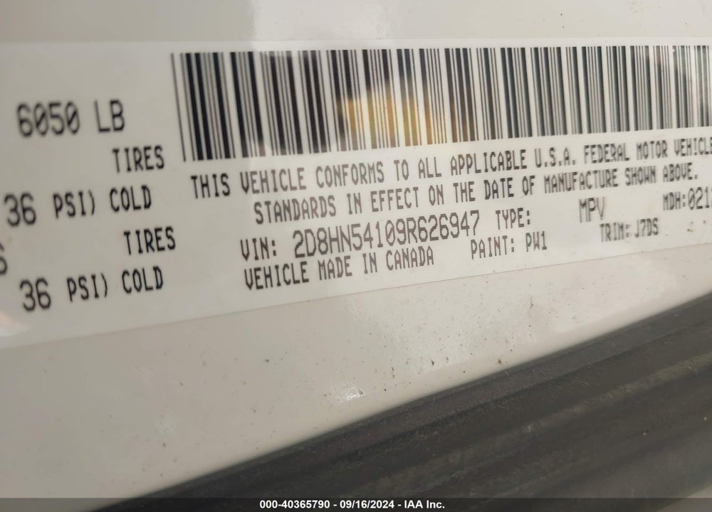 2009 DODGE GRAND CARAVAN SXT VIN: 2D8HN54109R626947