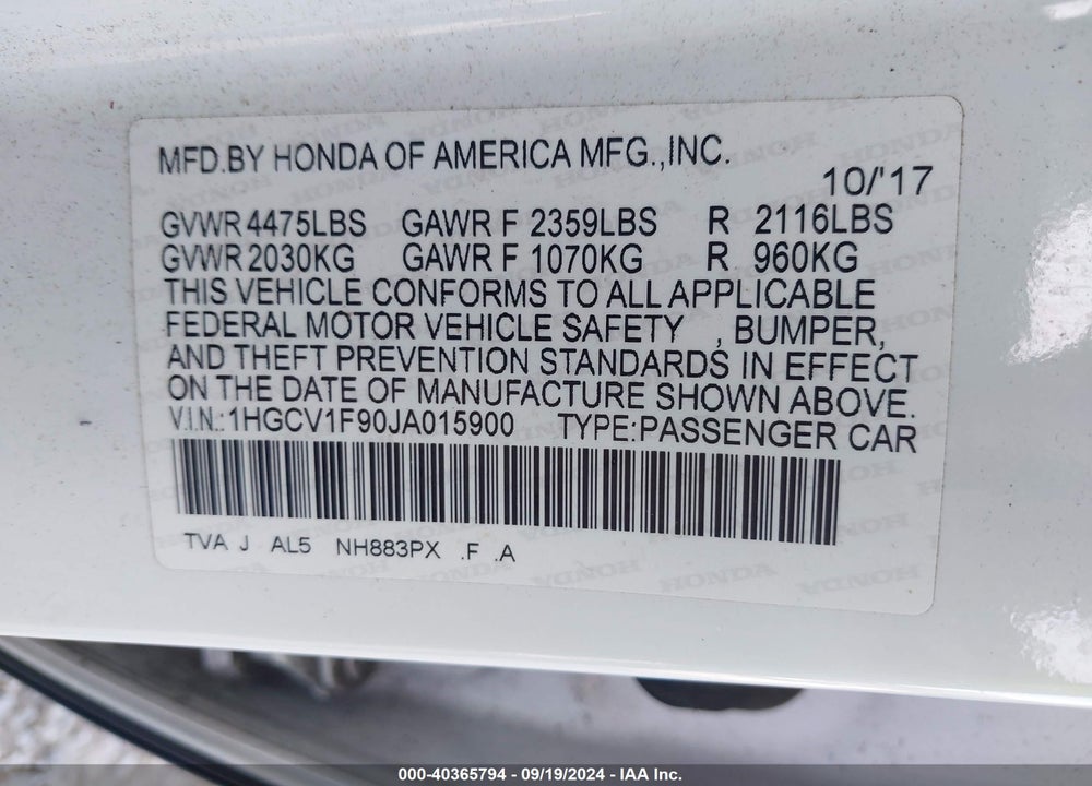 2018 HONDA ACCORD TOURING VIN: 1HGCV1F90JA015900