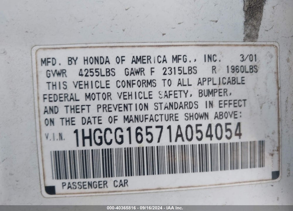 2001 HONDA ACCORD 3.0 EX VIN: 1HGCG16571A054054