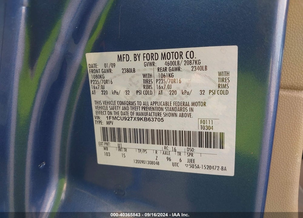 2009 FORD ESCAPE XLS VIN: 1FMCU927X9KB63705