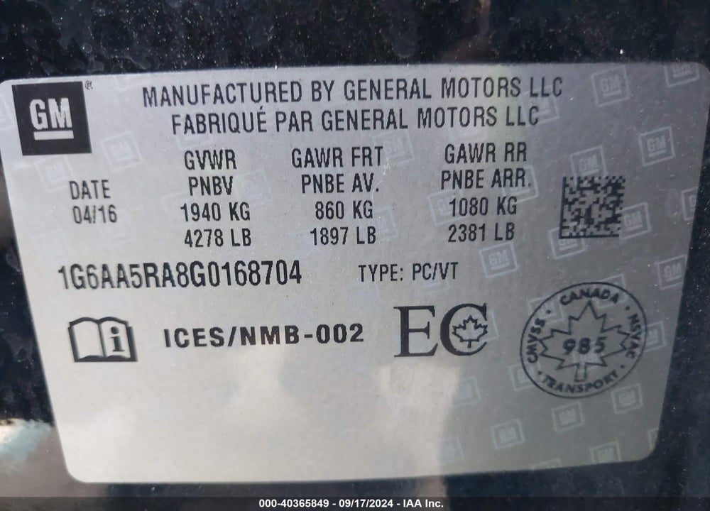 2016 CADILLAC ATS STANDARD VIN: 1G6AA5RA8G0168704