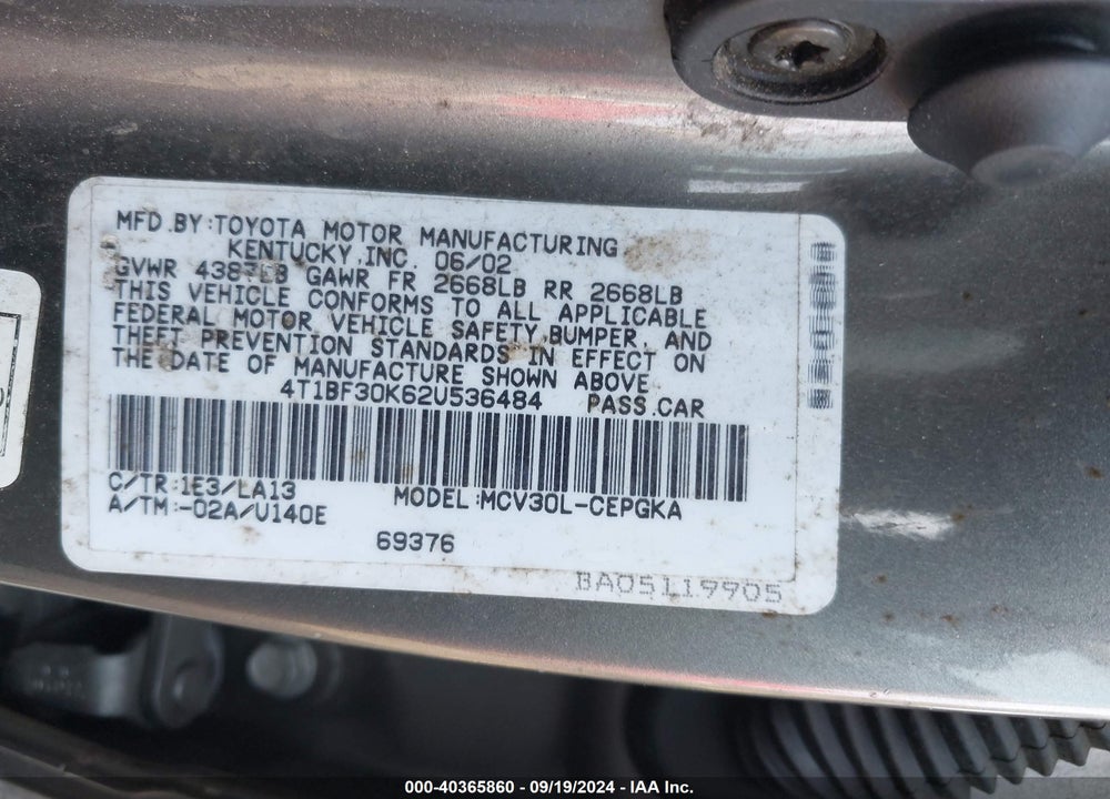 2002 TOYOTA CAMRY XLE V6 VIN: 4T1BF30K62U536484