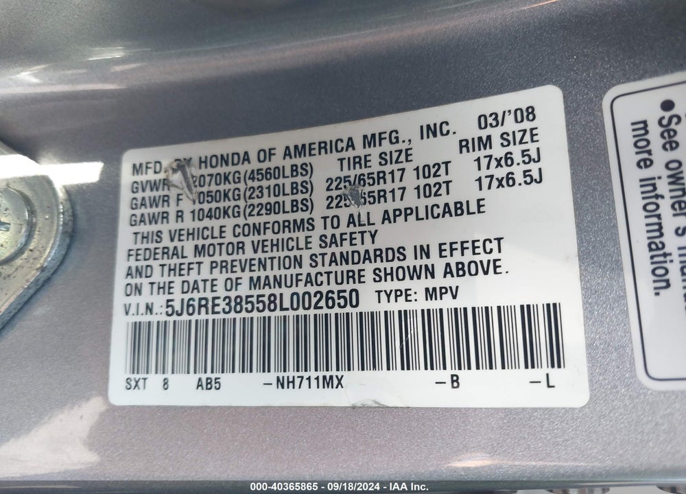 2008 HONDA CR-V EX VIN: 5J6RE38558L002650
