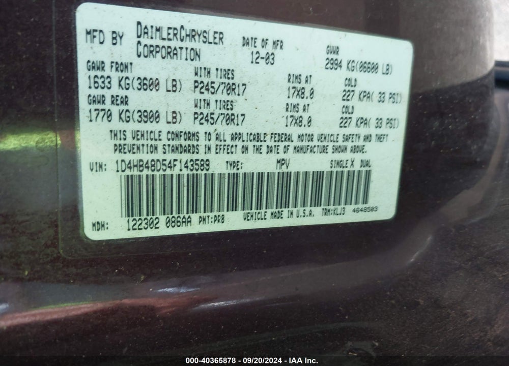 2004 DODGE DURANGO SLT VIN: 1D4HB48D54F143589