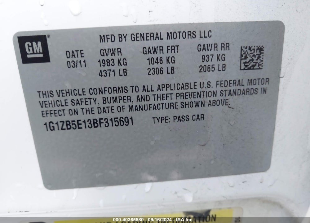 2011 CHEVROLET MALIBU VIN: 1G1ZB5E13BF315691