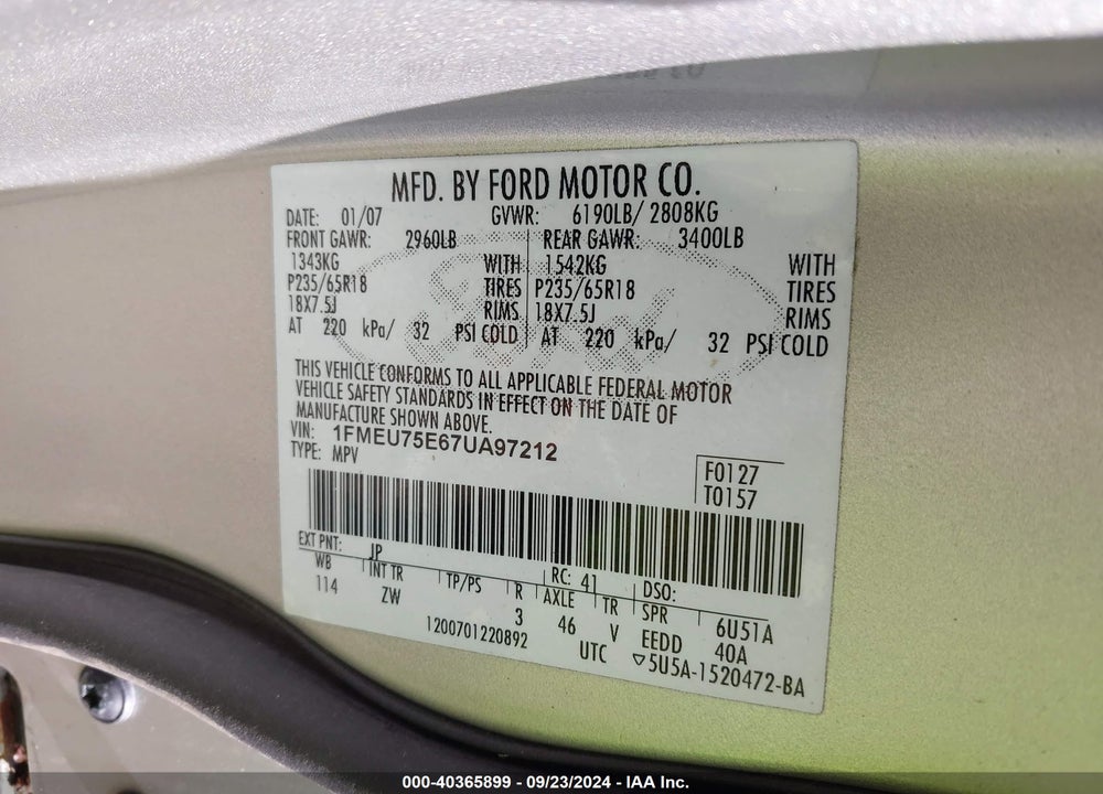 2007 FORD EXPLORER LIMITED VIN: 1FMEU75E67UA97212