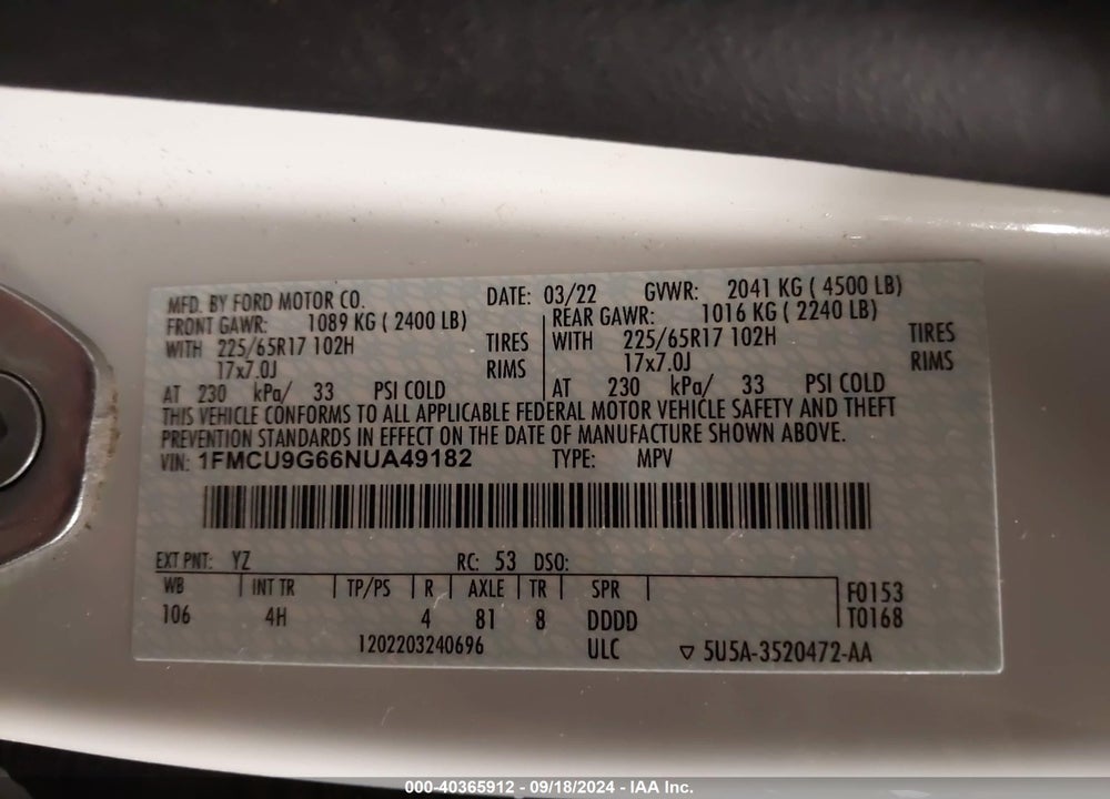 2022 FORD ESCAPE SE VIN: 1FMCU9G66NUA49182