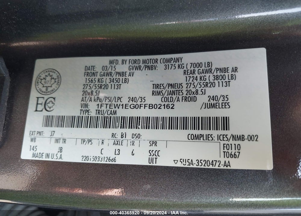 2015 FORD F-150 XLT VIN: 1FTEW1EG0FFB02162