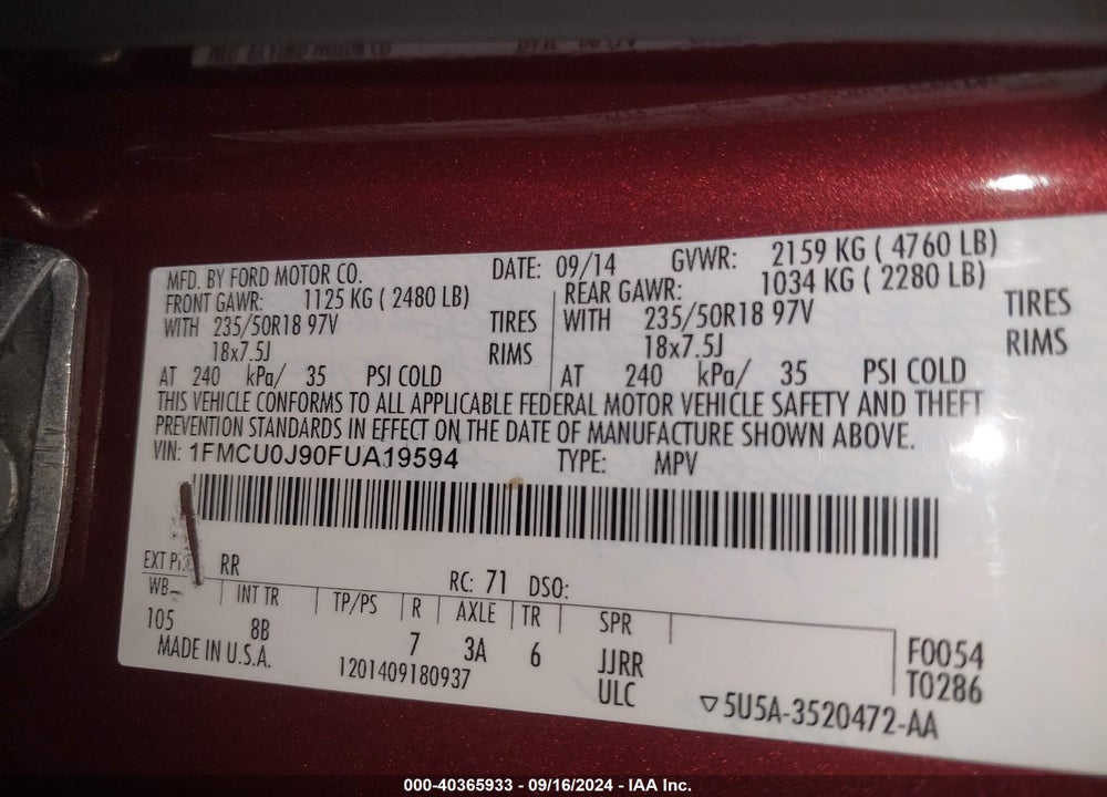 2015 FORD ESCAPE TITANIUM VIN: 1FMCU0J90FUA19594