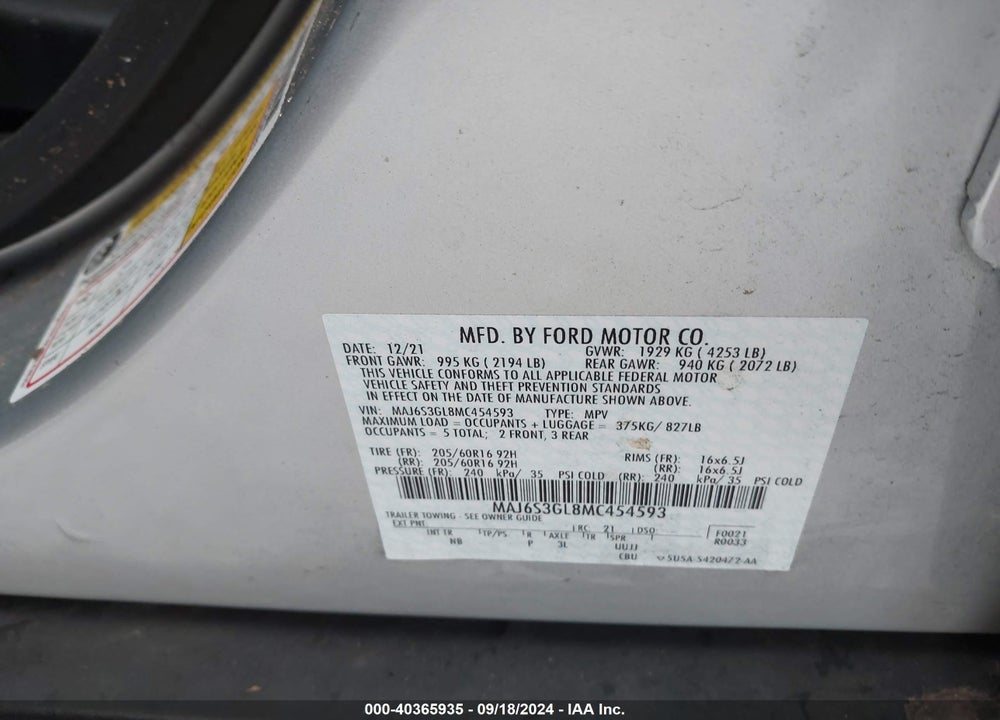 2021 FORD ECOSPORT SE VIN: MAJ6S3GL8MC454593