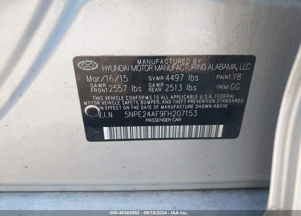 2015 HYUNDAI SONATA SE VIN: 5NPE24AF9FH207153