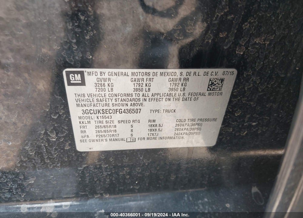 2015 CHEVROLET SILVERADO 1500 2LZ VIN: 3GCUKSEC0FG436507