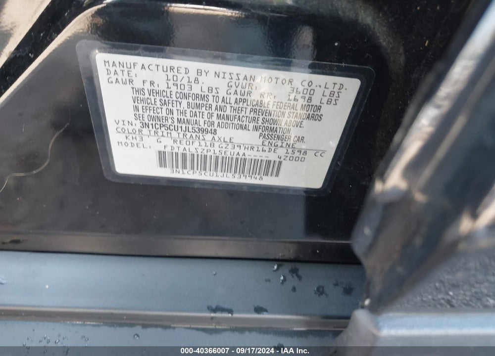 2018 NISSAN KICKS SV VIN: 3N1CP5CU1JL539948