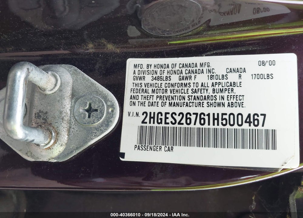2001 HONDA CIVIC EX VIN: 2HGES26761H500467