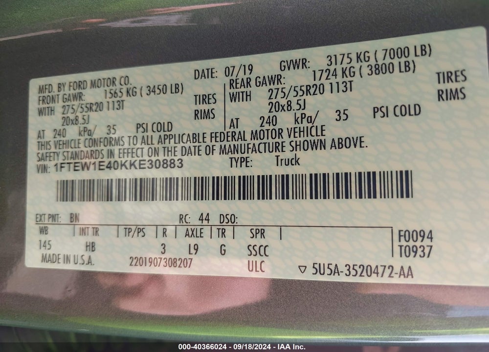 2019 FORD F-150 LARIAT VIN: 1FTEW1E40KKE30883