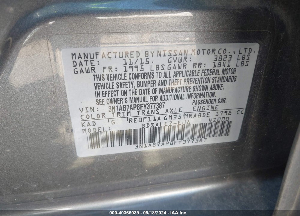 2015 NISSAN SENTRA S VIN: 3N1AB7AP8FY377387