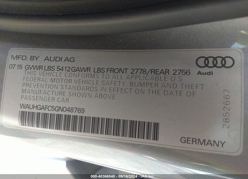 2016 AUDI A6 3.0T PREMIUM PLUS VIN: WAUHGAFC5GN048769