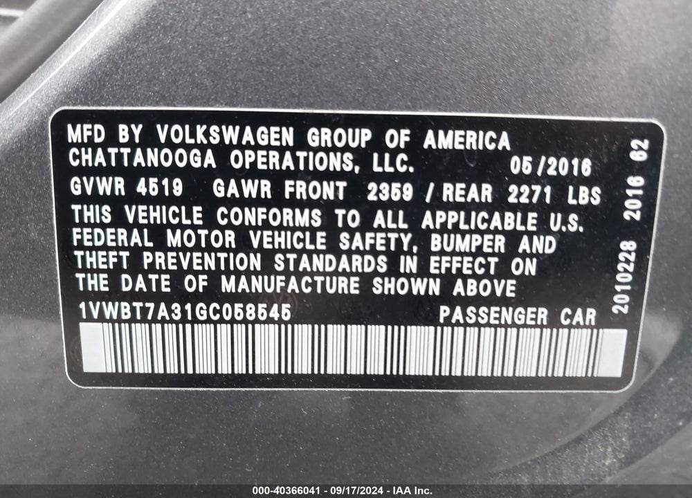 2016 VOLKSWAGEN PASSAT 1.8T SE VIN: 1VWBT7A31GC058545