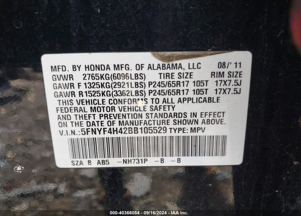 2011 HONDA PILOT EX VIN: 5FNYF4H42BB105529