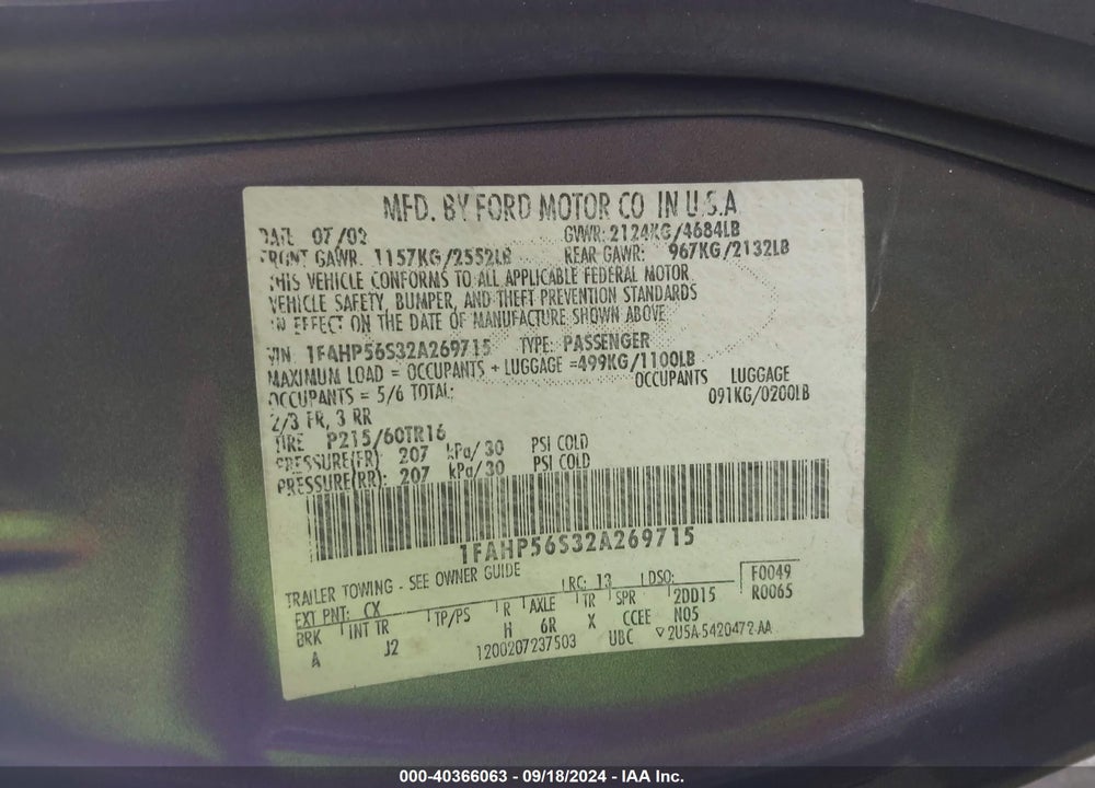 2002 FORD TAURUS SEL VIN: 1FAHP56S32A269715